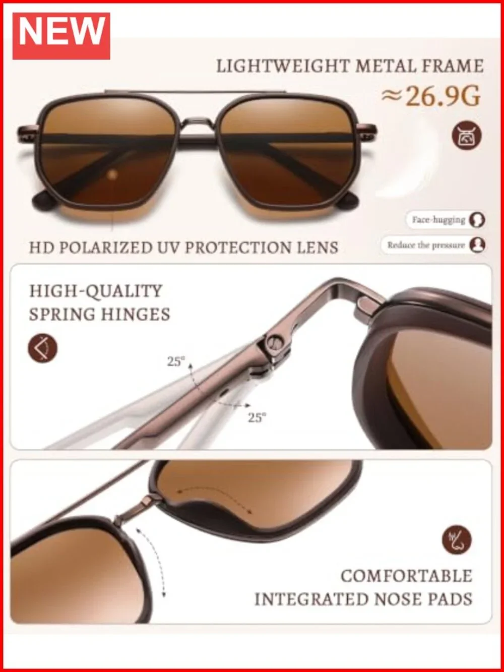 Metal Frame Polarized Aviator Sunglasses with UV400 Protection, Scratch